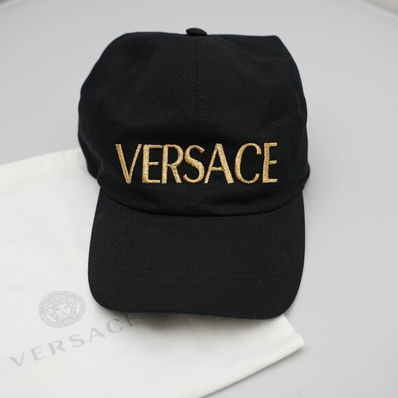 Versace 97 Black Baseball Cap Gold Logo Embroidery Size 58 New with Dust Bag - Picture 1 of 2